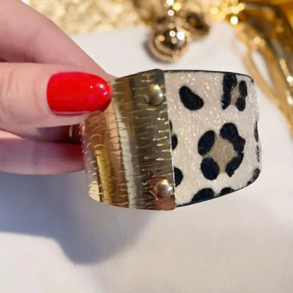 New Statement Leopard Print Bracelet Gold Textured Metal Wide Animal Print